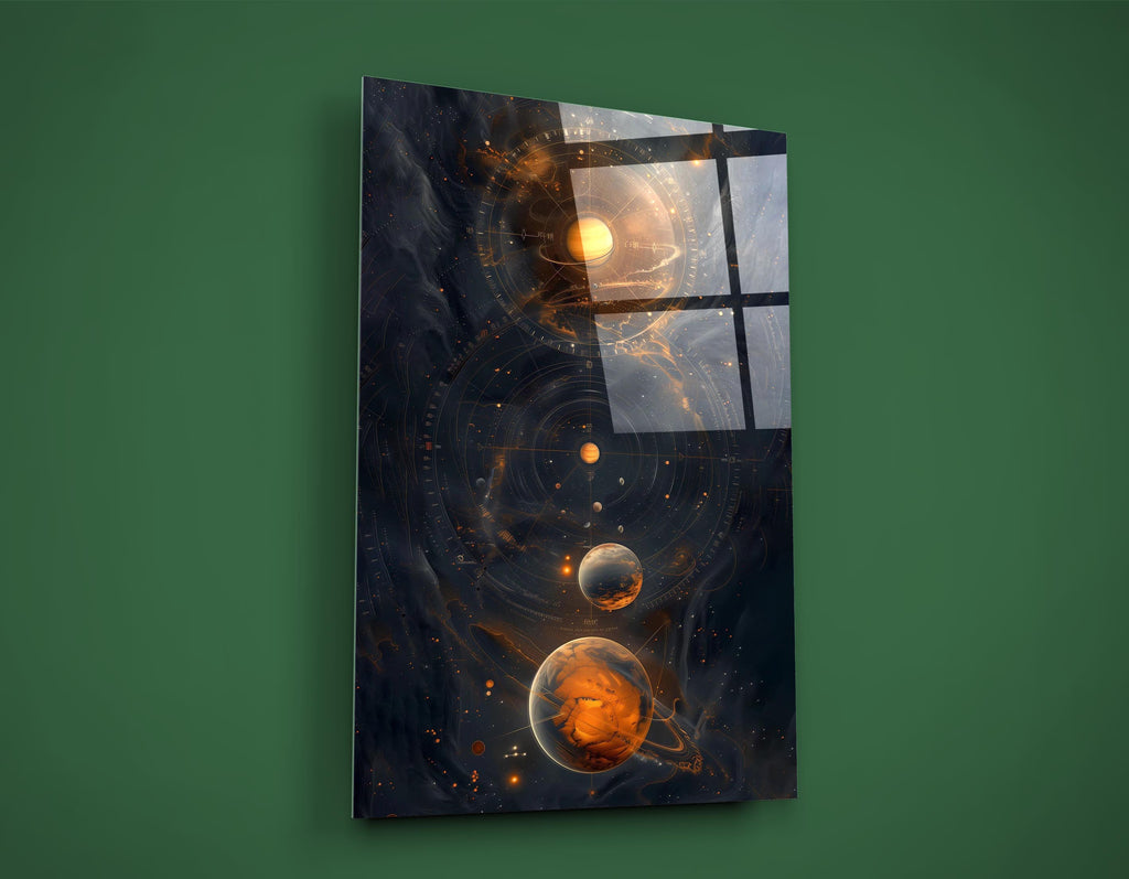 Cosmic Orange Planets Abstract Glass Wall Art on the wall