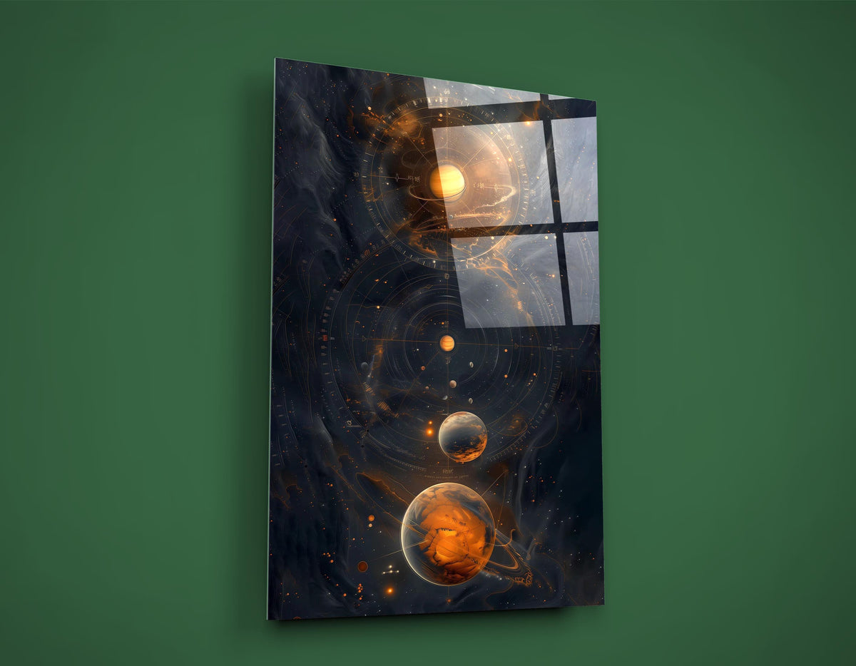 Cosmic Orange Planets Abstract Glass Wall Art on the wall
