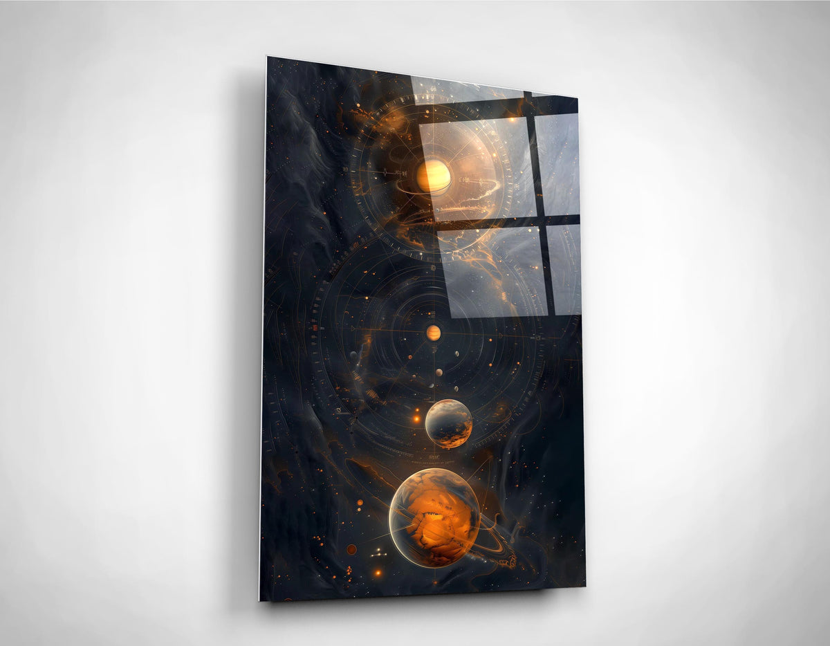 Cosmic Orange Planets Abstract Glass Wall Art close-up