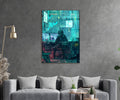 Cyberpunk Hacker Teal City Glass Wall Art in a living room interior