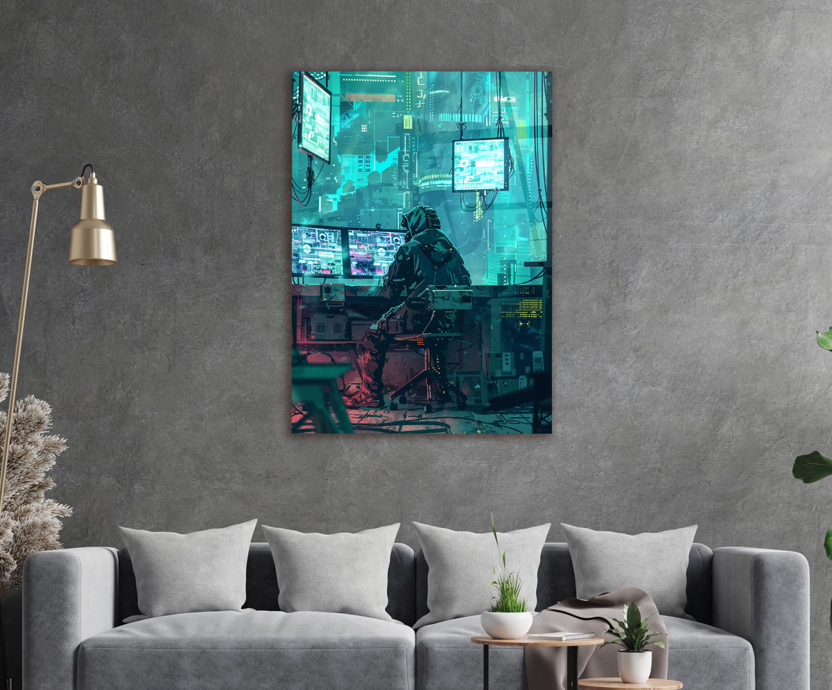 Cyberpunk Hacker Teal City Glass Wall Art in a living room interior