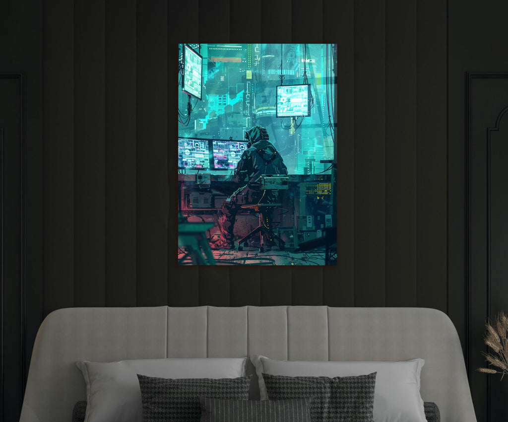 Cyberpunk Hacker Teal City Glass Wall Art in a modern interior