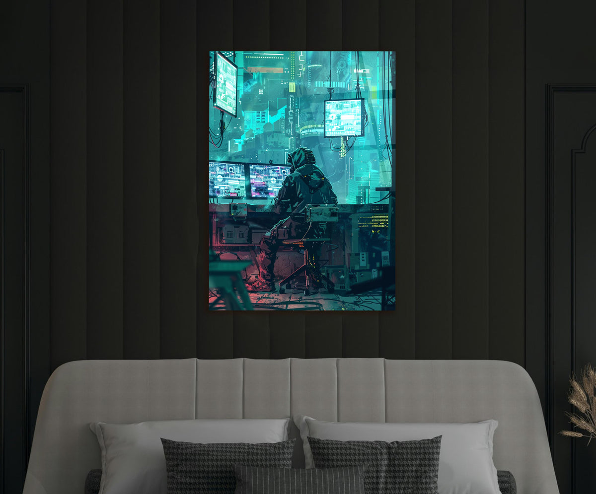 Cyberpunk Hacker Teal City Glass Wall Art in a modern interior