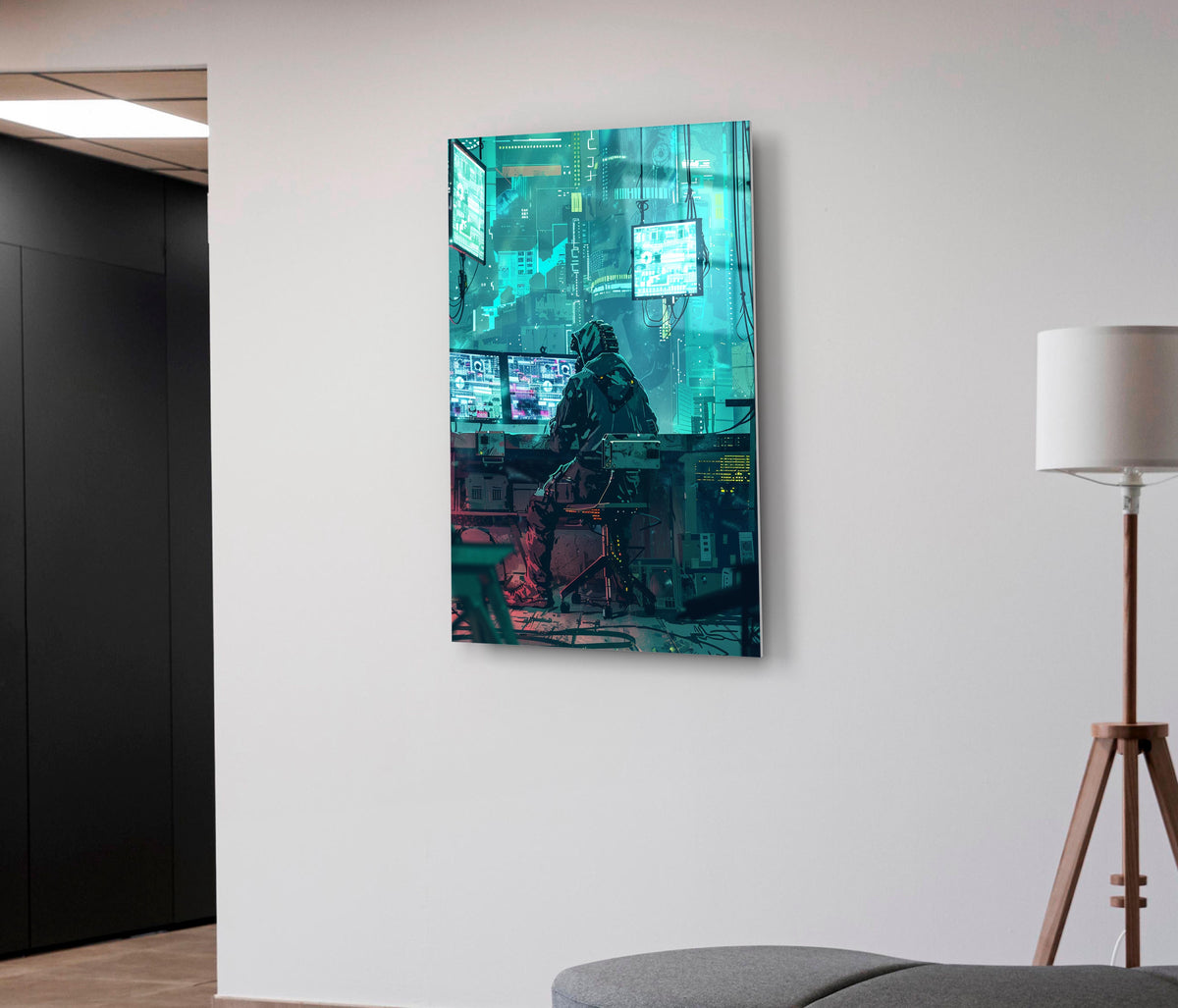 Cyberpunk Hacker Teal City Glass Wall Art on the wall