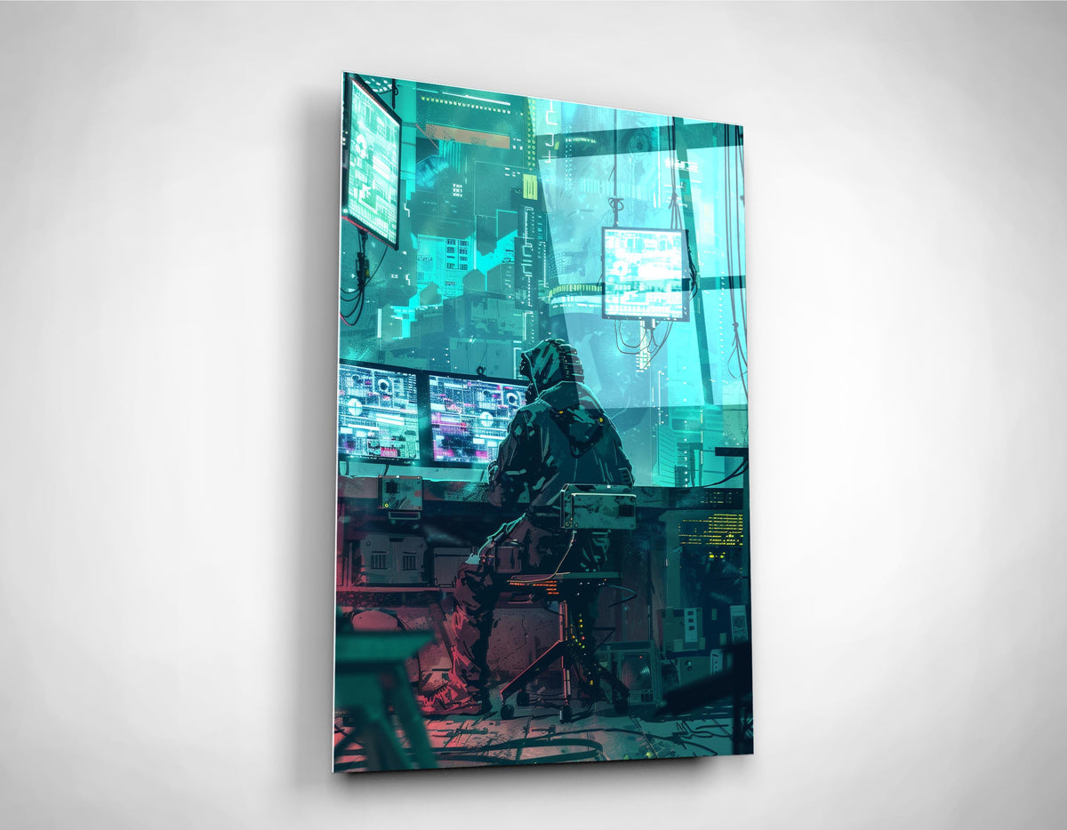 Cyberpunk Hacker Teal City Glass Wall Art close-up