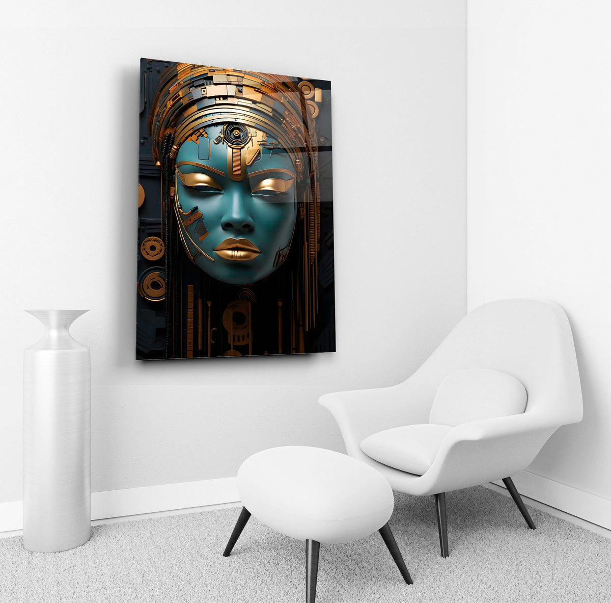 Teal and Gold Cyborg Woman Glass Wall Art in a living room interior