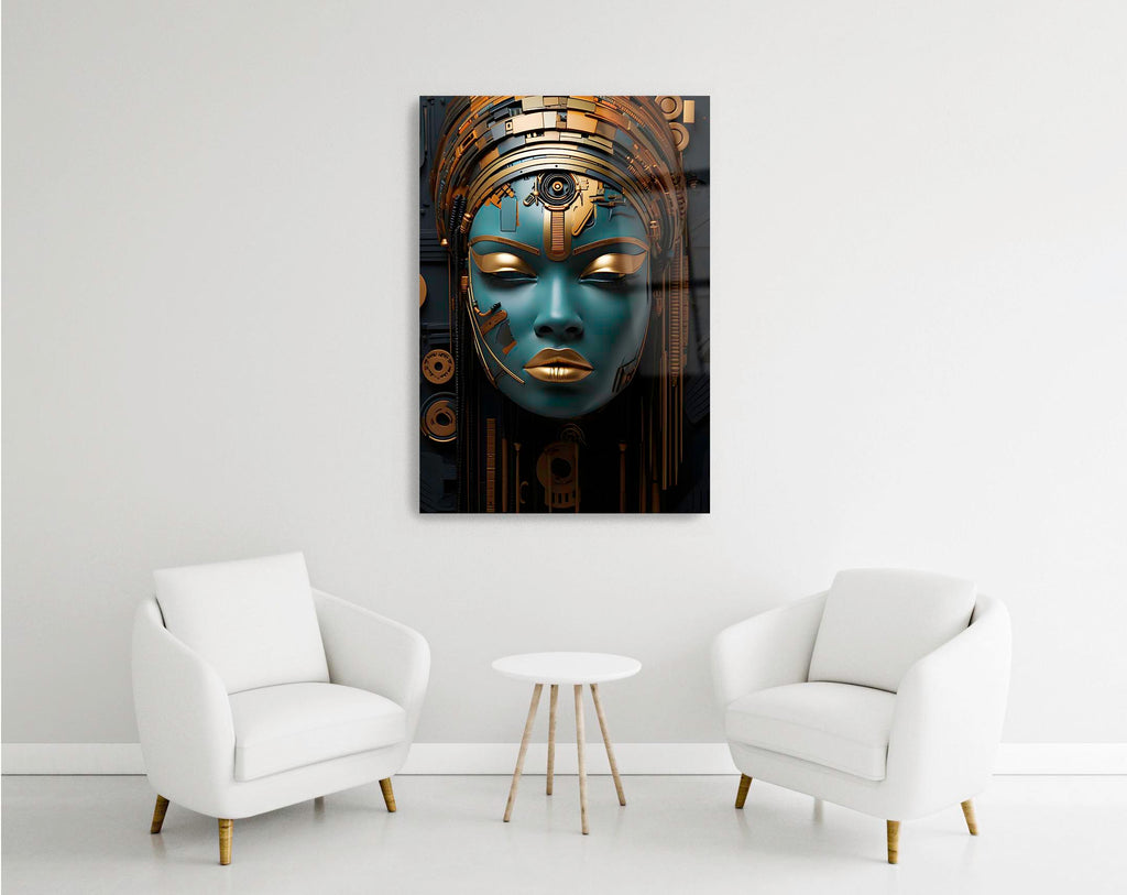 Teal and Gold Cyborg Woman Glass Wall Art in a modern interior