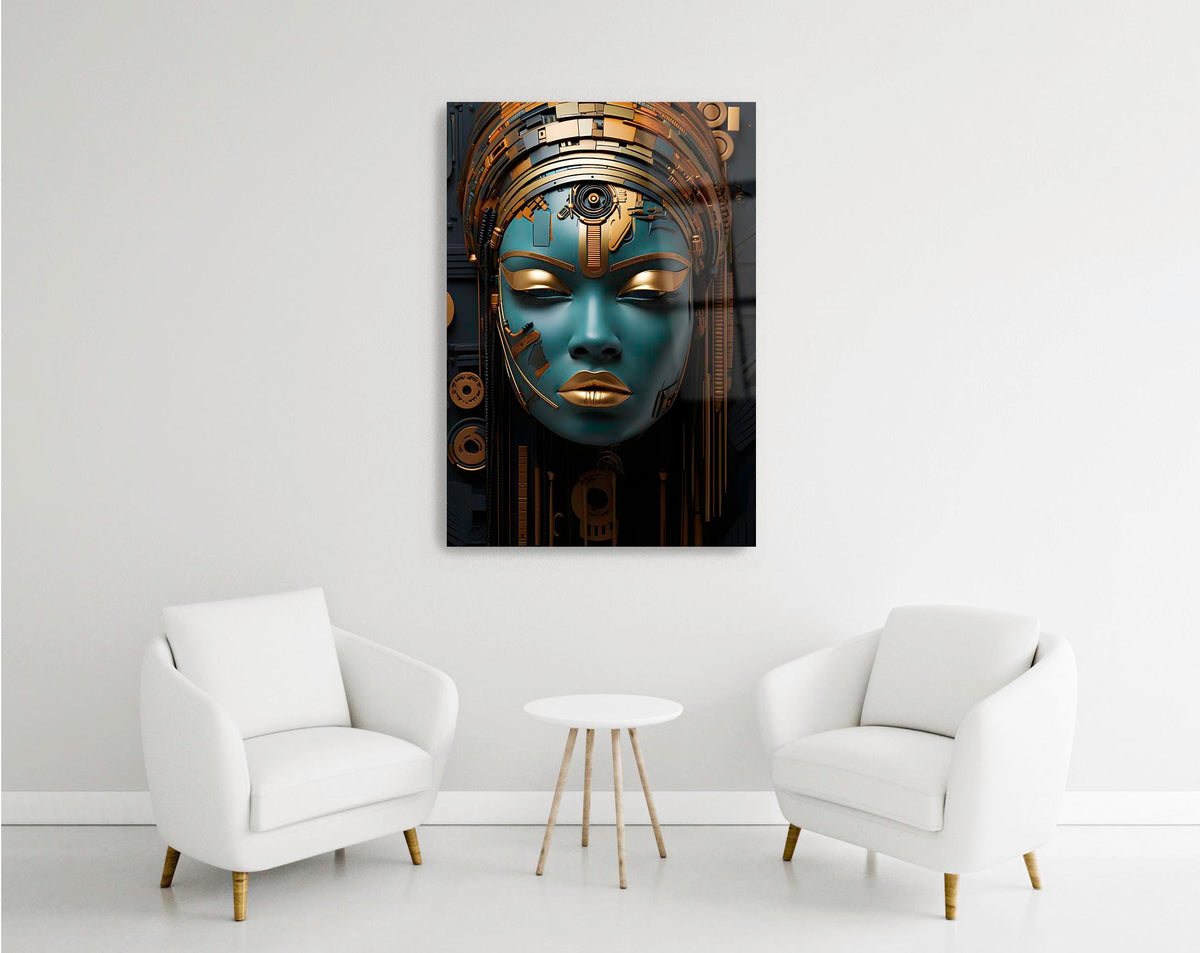 Teal and Gold Cyborg Woman Glass Wall Art in a modern interior