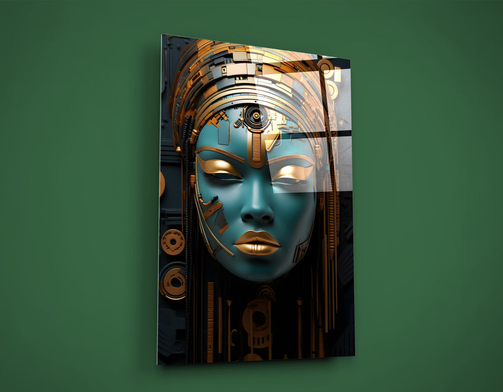 Teal and Gold Cyborg Woman Glass Wall Art on the wall