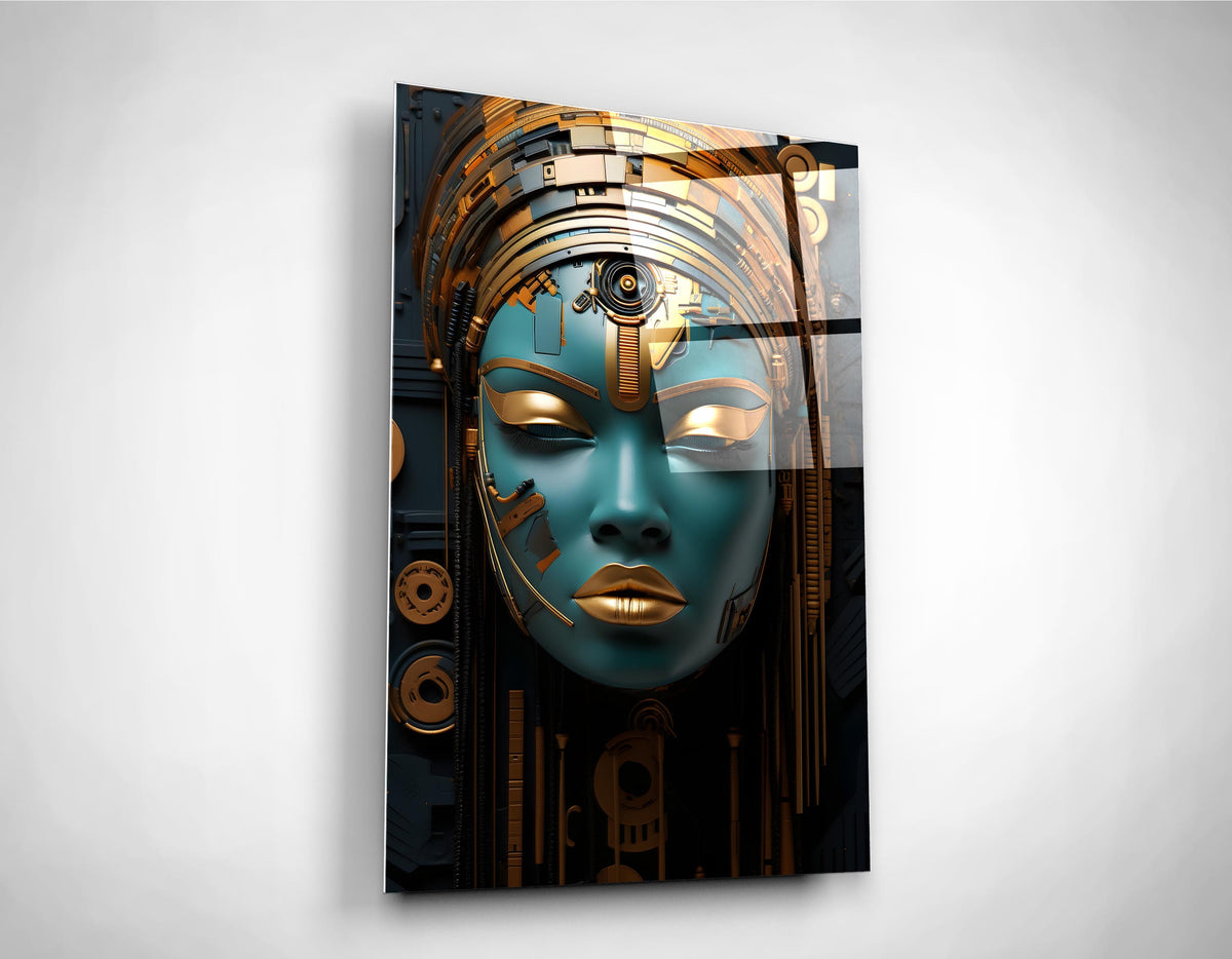 Teal and Gold Cyborg Woman Glass Wall Art close-up