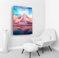 Pyramid in Pastel Clouds Glass Wall Art in a living room interior