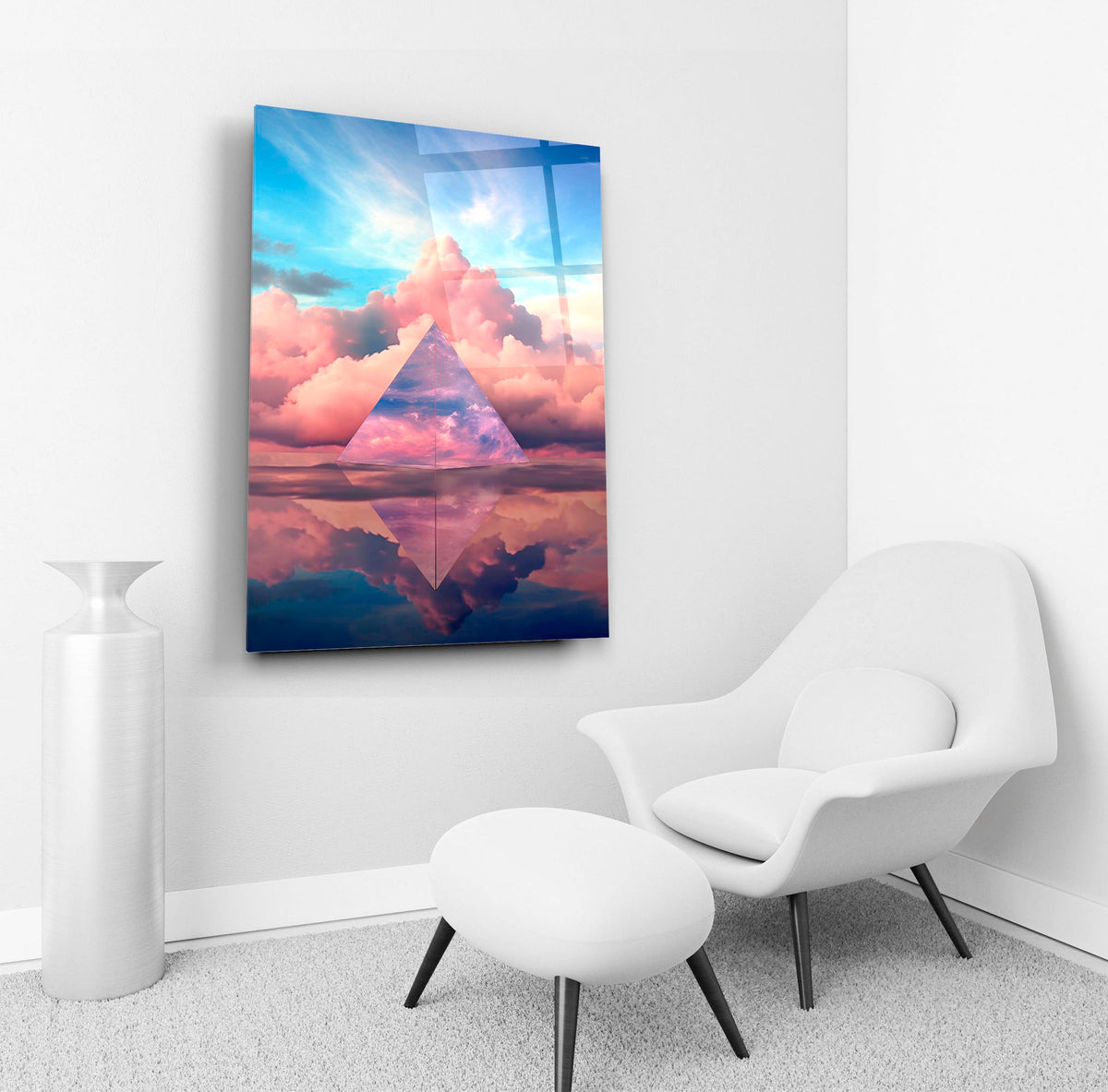 Pyramid in Pastel Clouds Glass Wall Art in a living room interior