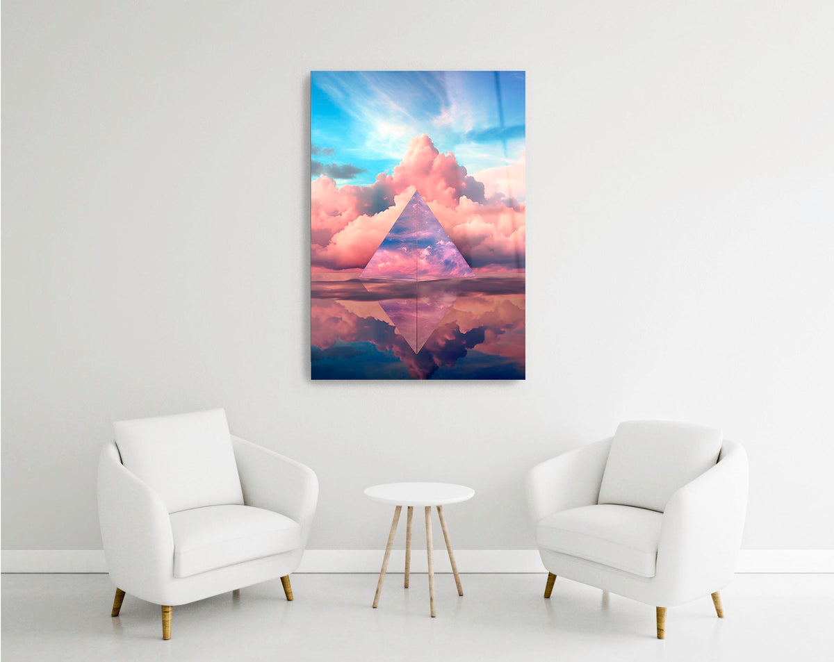 Pyramid in Pastel Clouds Glass Wall Art in a modern interior