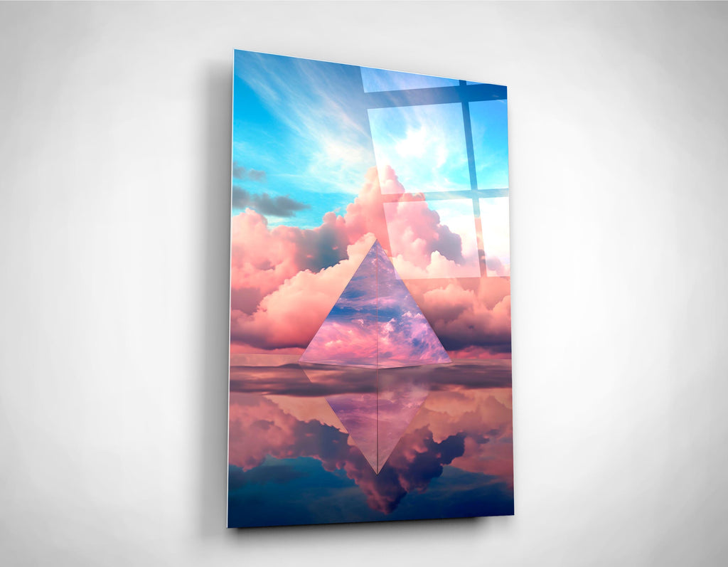 Pyramid in Pastel Clouds Glass Wall Art on the wall