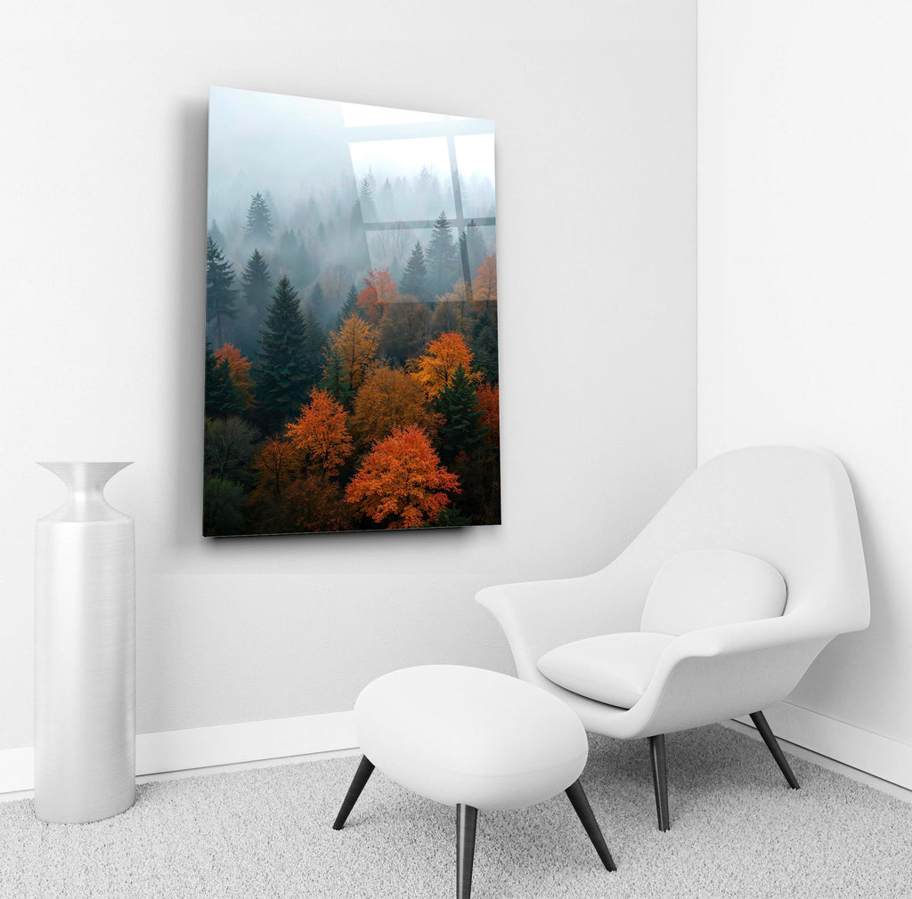 Misty Autumn Forest Glass Wall Art in a living room interior