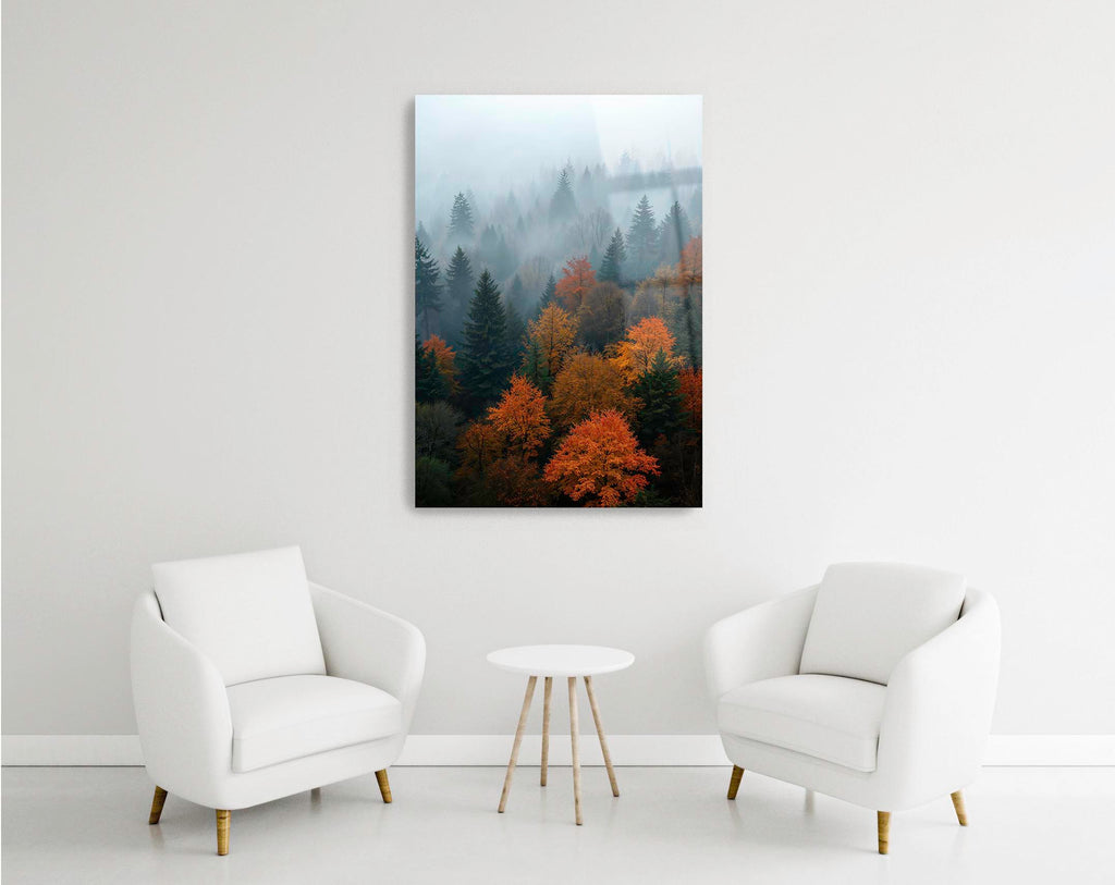 Misty Autumn Forest Glass Wall Art in a modern interior