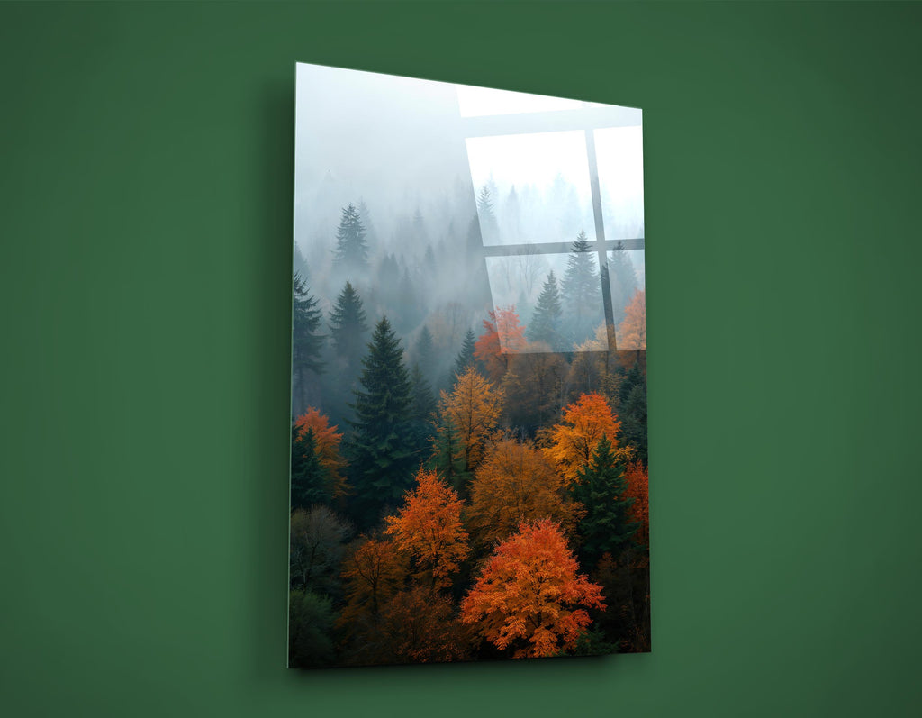 Misty Autumn Forest Glass Wall Art on the wall