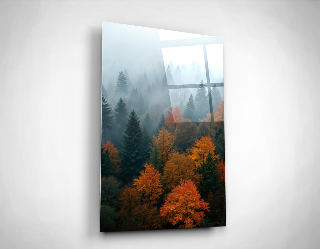 Misty Autumn Forest Glass Wall Art close-up