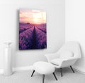 Lavender Field at Sunset Glass Wall Art in a living room interior