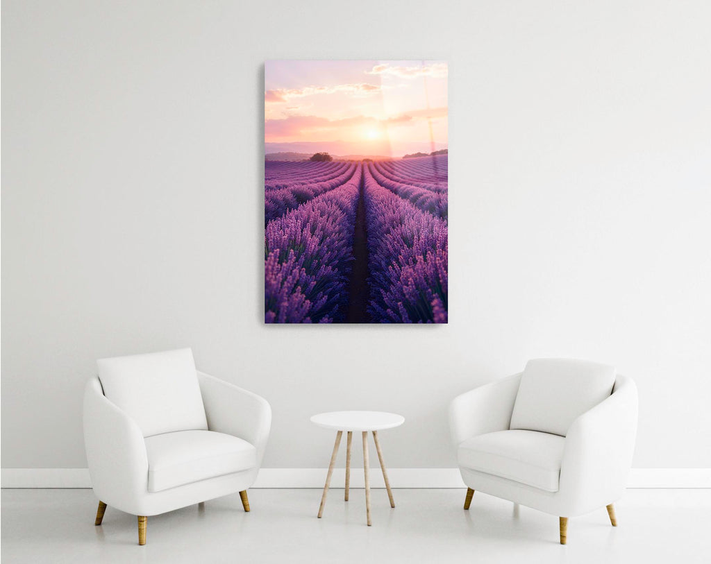 Lavender Field at Sunset Glass Wall Art in a modern interior