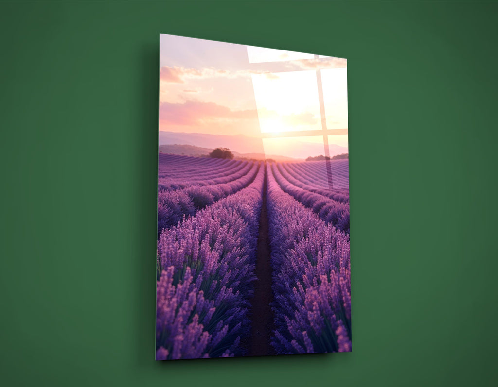 Lavender Field at Sunset Glass Wall Art close-up