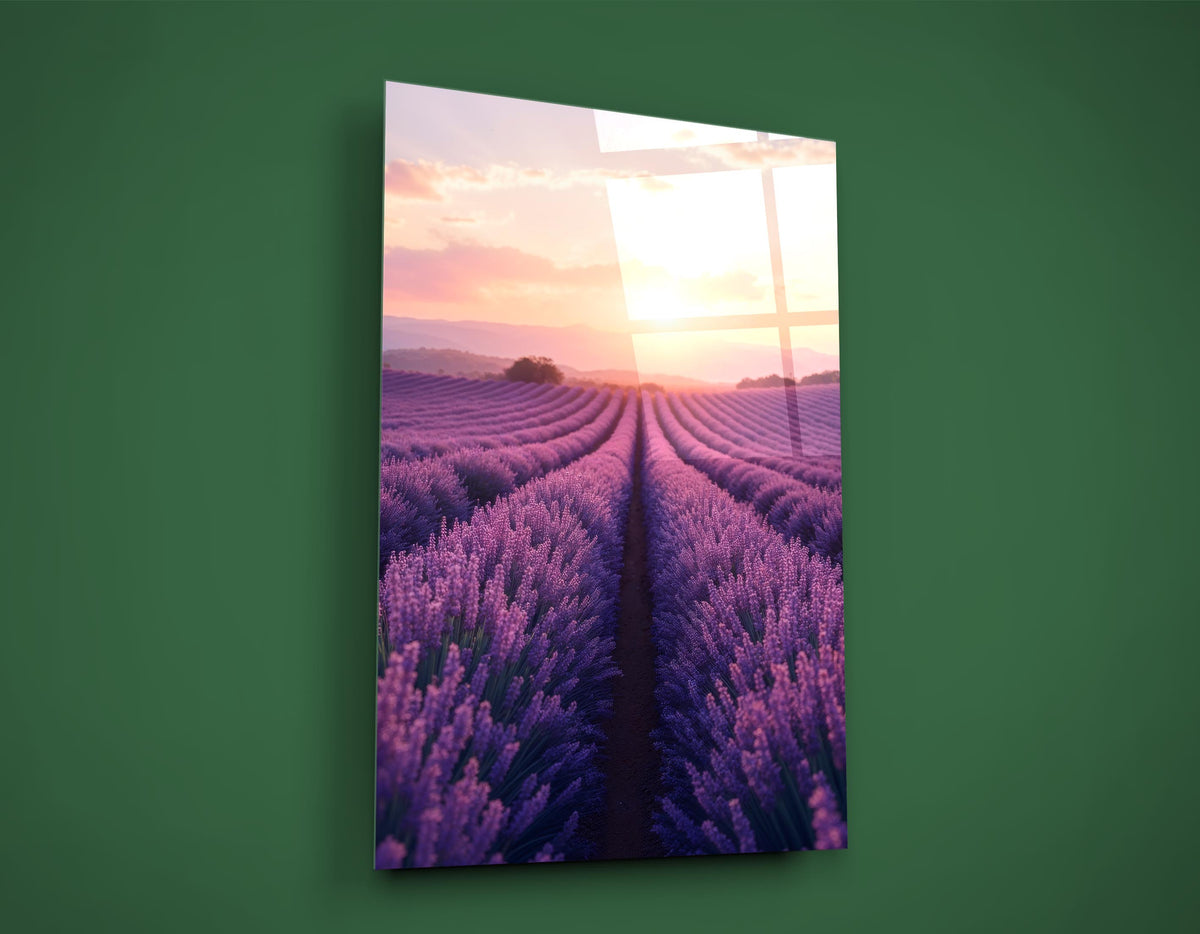 Lavender Field at Sunset Glass Wall Art close-up