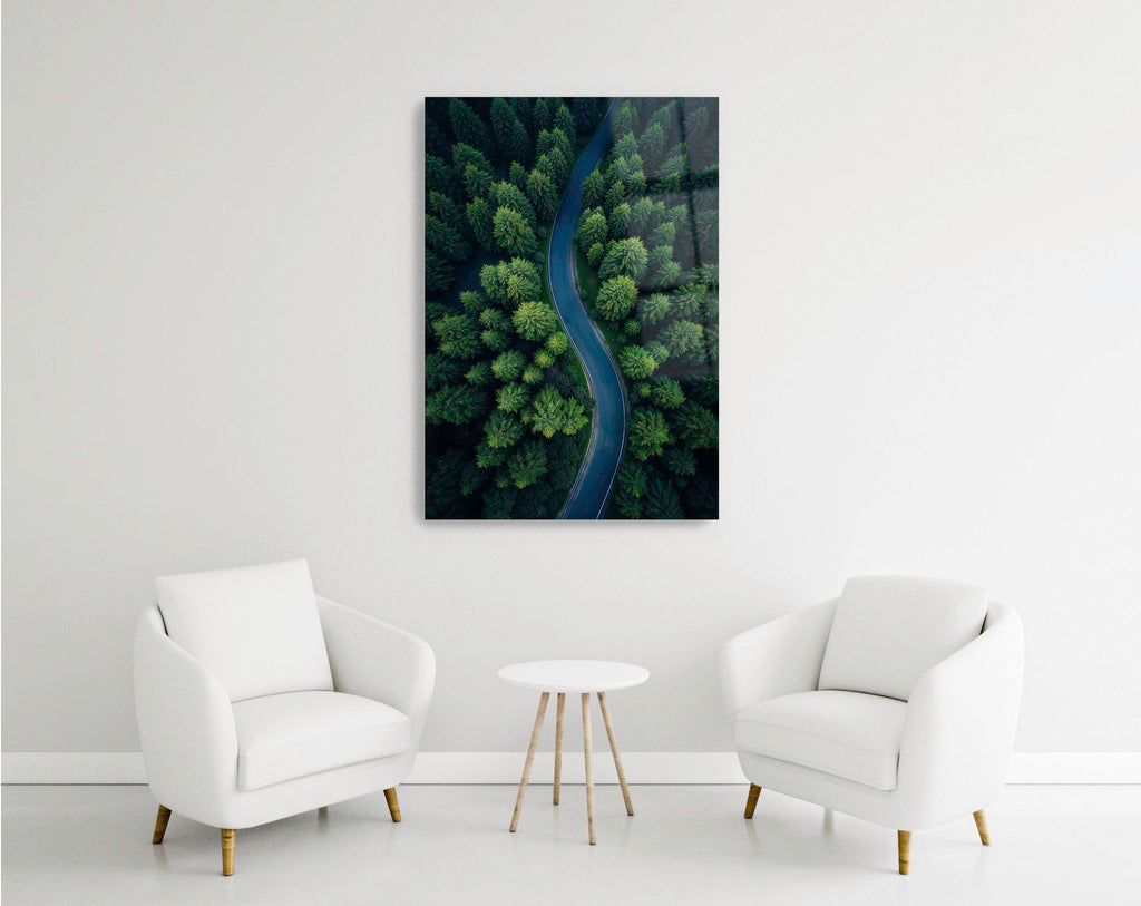 Winding Road Through Green Forest Glass Wall Art in a modern interior