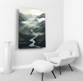 Misty Mountain River Valley Glass Wall Art in a living room interior