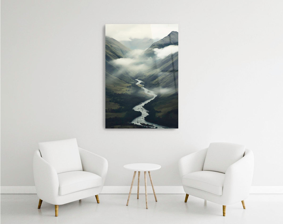 Misty Mountain River Valley Glass Wall Art in a modern interior
