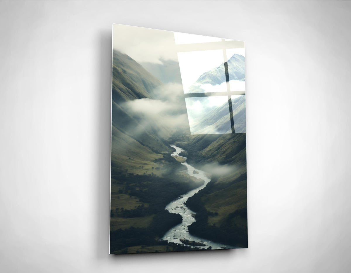 Misty Mountain River Valley Glass Wall Art on the wall