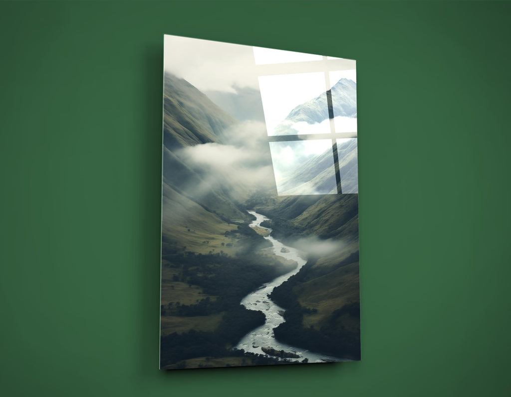 Misty Mountain River Valley Glass Wall Art close-up