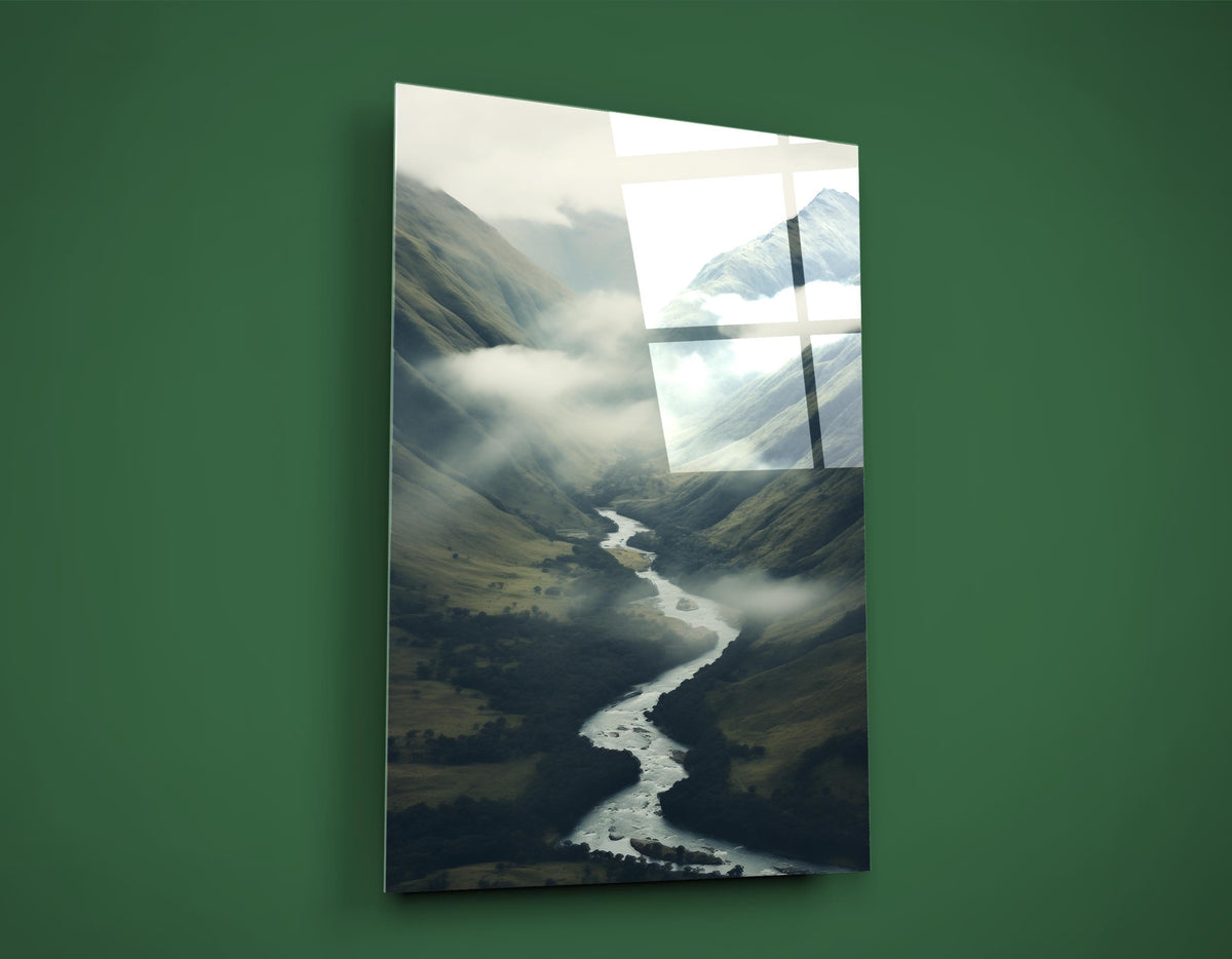 Misty Mountain River Valley Glass Wall Art close-up