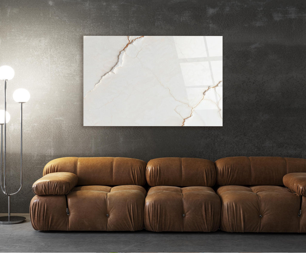 Cream Marble with Gold Veins Glass Wall Art in a living room interior
