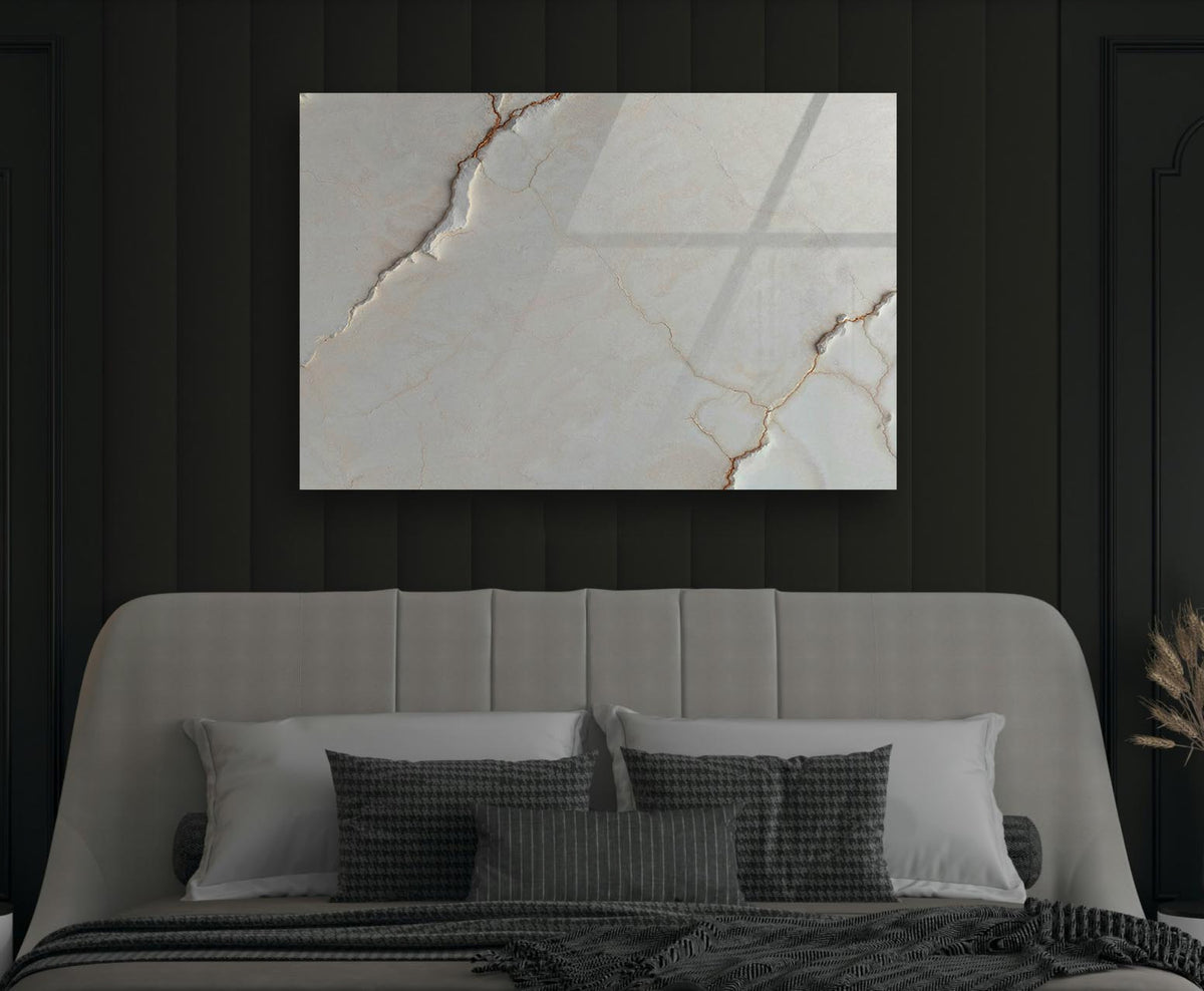 Cream Marble with Gold Veins Glass Wall Art in a modern interior