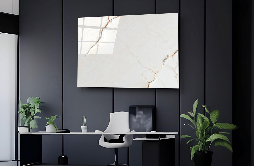 Cream Marble with Gold Veins Glass Wall Art on the wall