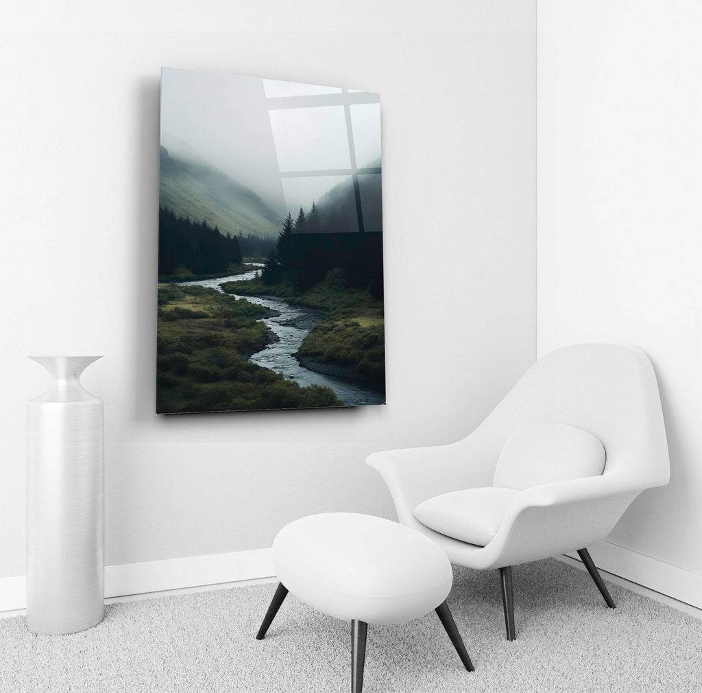 Misty Mountain Valley River Glass Wall Art in a living room interior