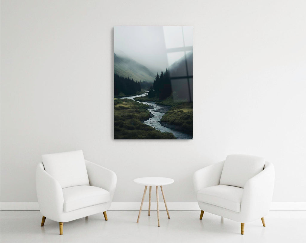 Misty Mountain Valley River Glass Wall Art in a modern interior