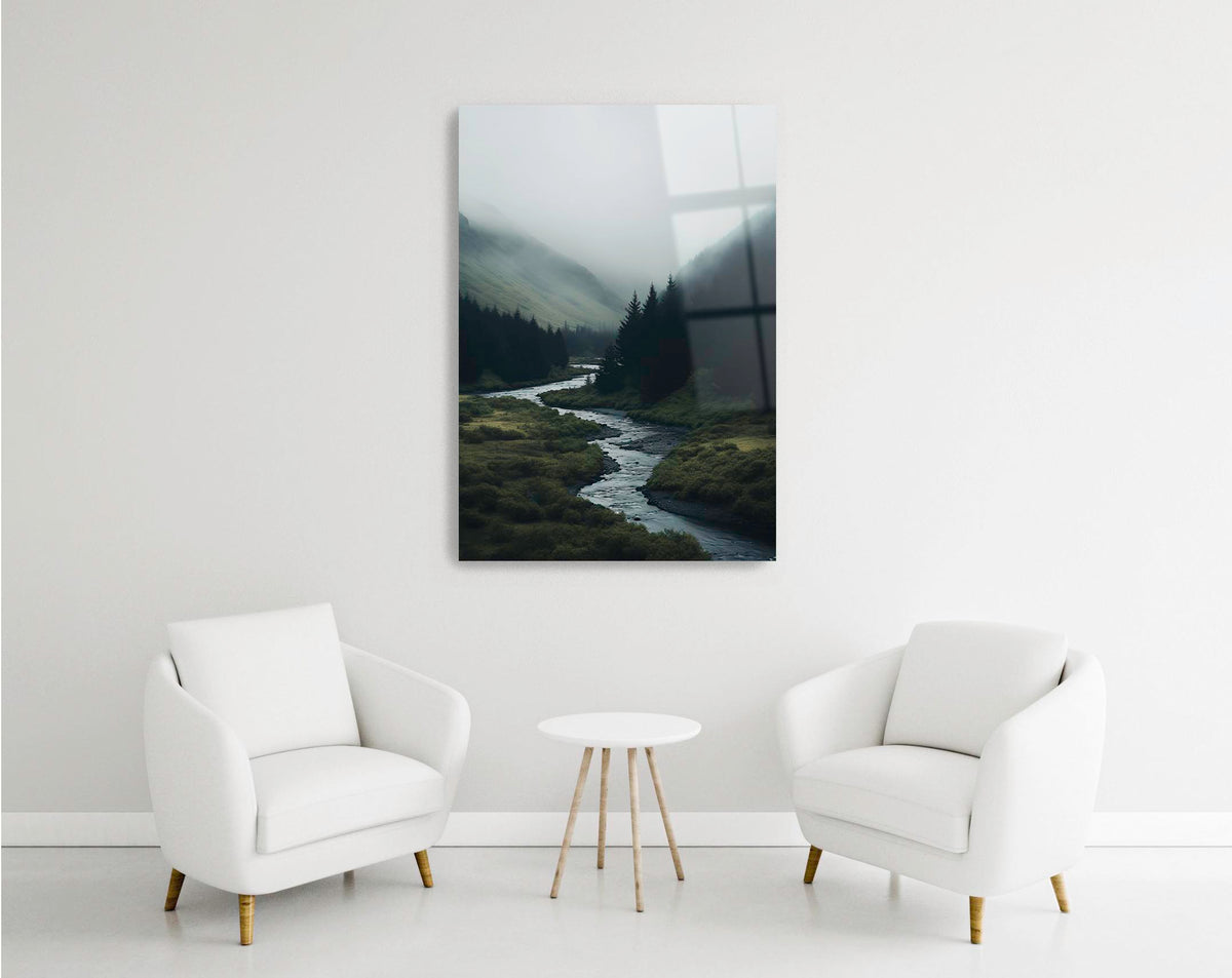 Misty Mountain Valley River Glass Wall Art in a modern interior