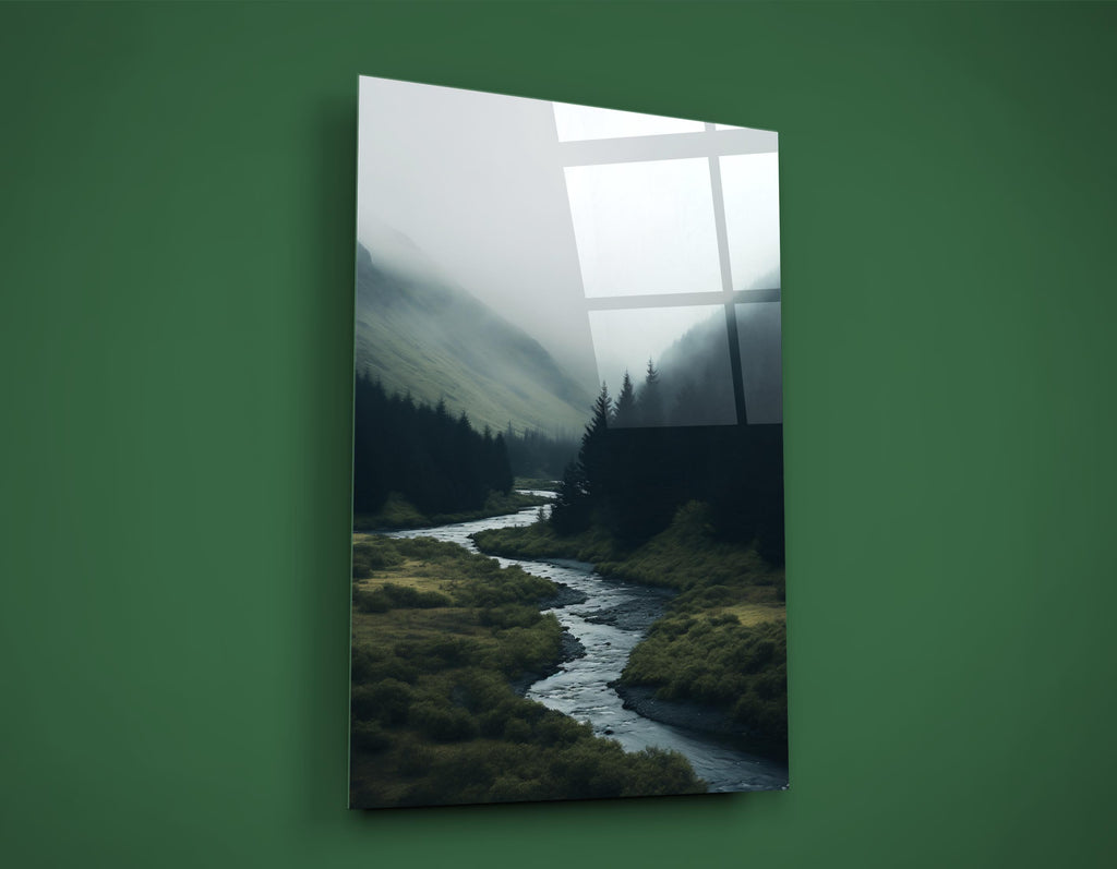 Misty Mountain Valley River Glass Wall Art on the wall