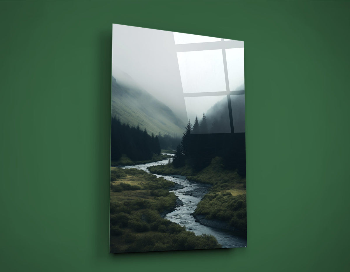 Misty Mountain Valley River Glass Wall Art on the wall