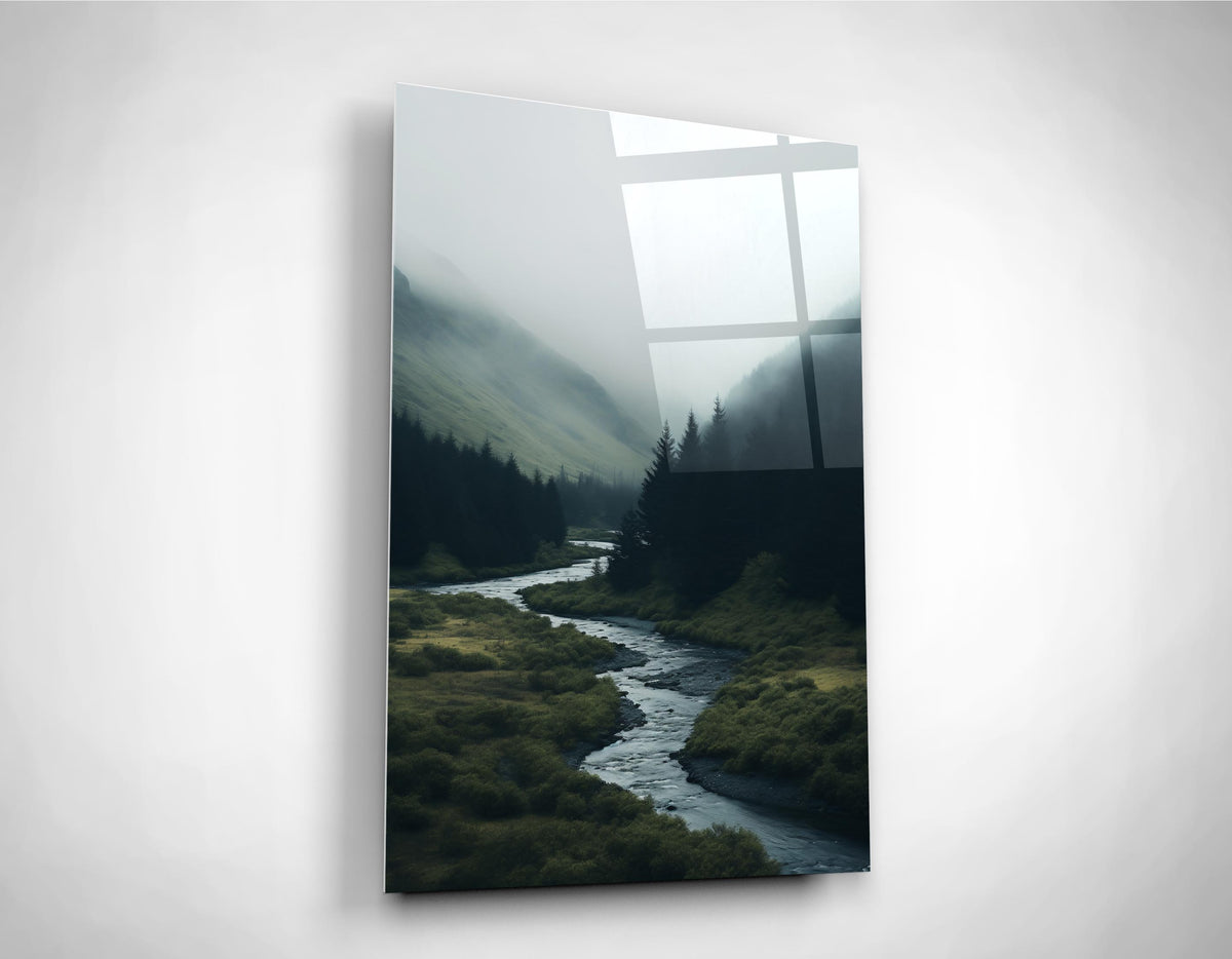 Misty Mountain Valley River Glass Wall Art close-up