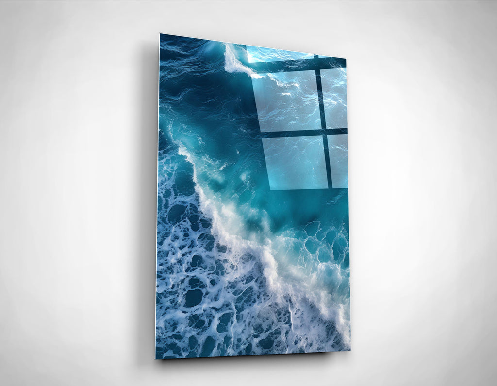 Turquoise Ocean Wave Aerial Glass Wall Art on the wall