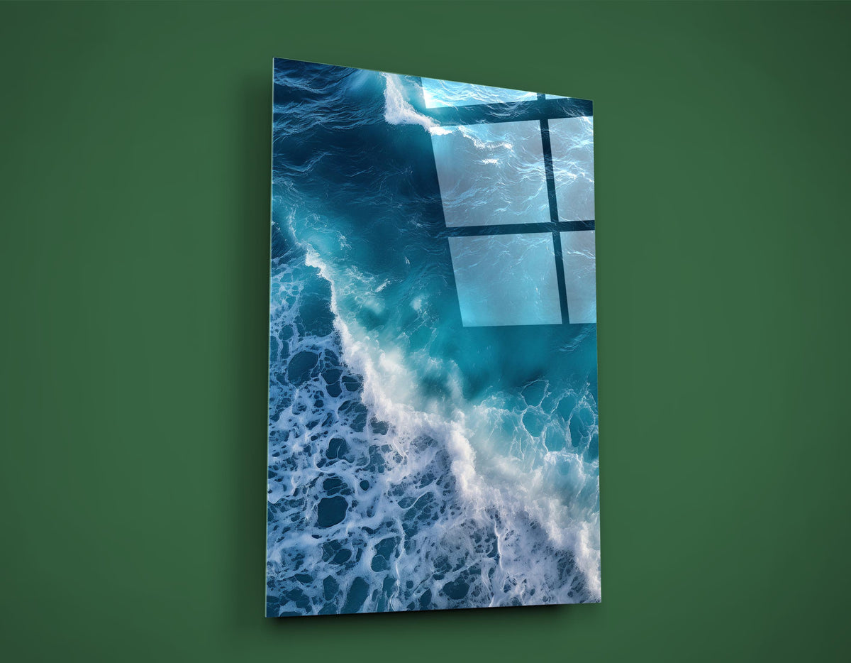 Turquoise Ocean Wave Aerial Glass Wall Art close-up
