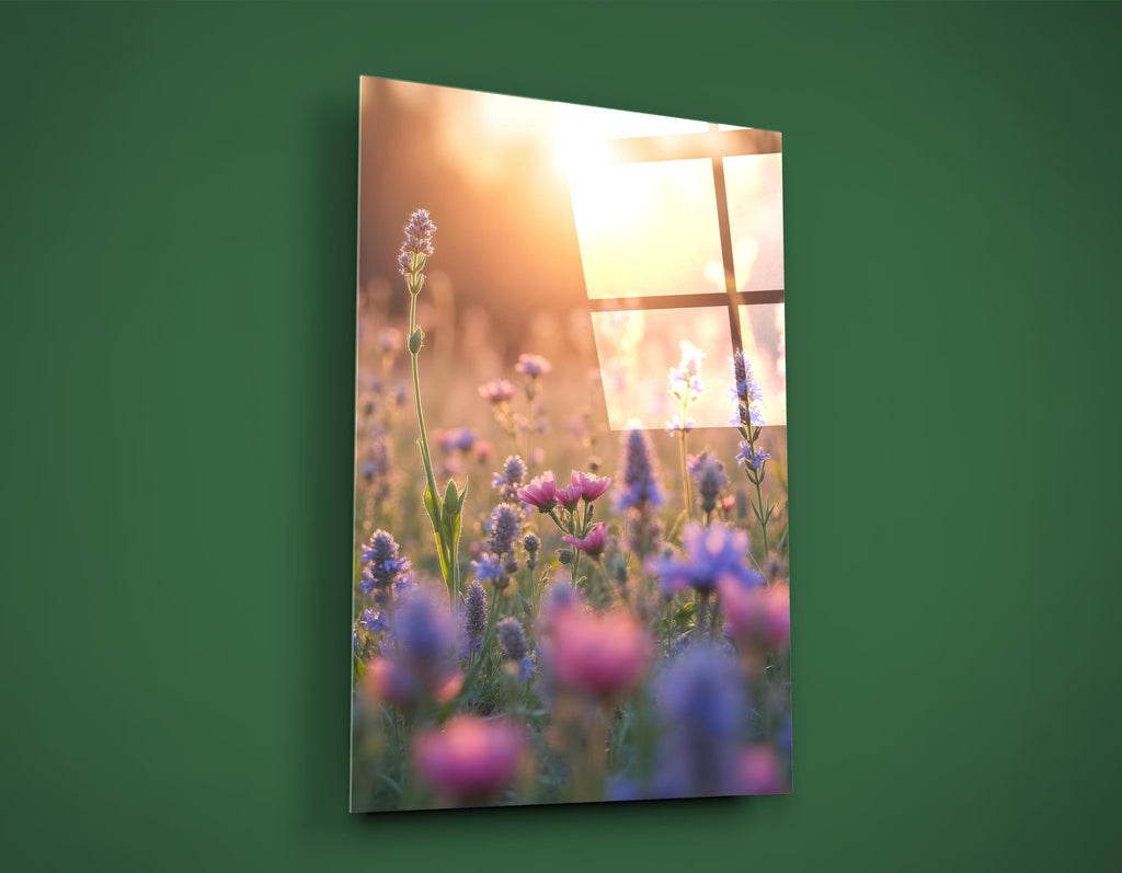 Wildflower Meadow at Sunset Glass Wall Art on the wall