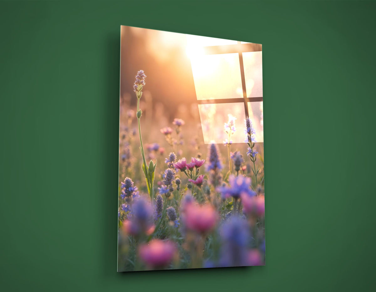 Wildflower Meadow at Sunset Glass Wall Art on the wall