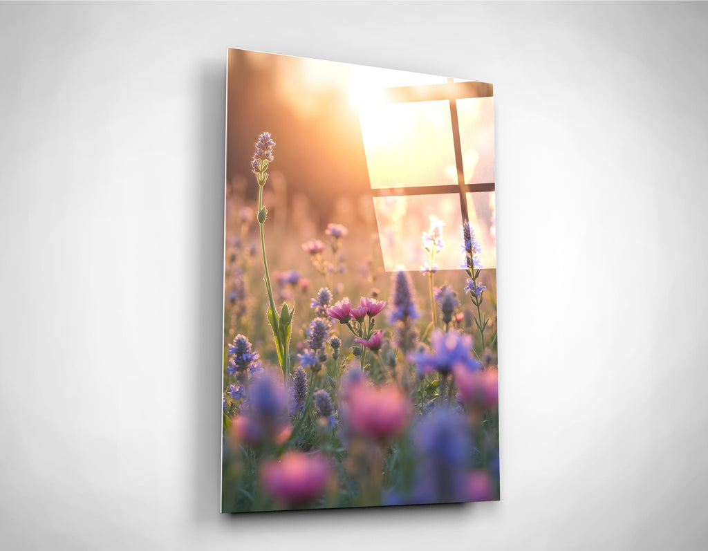 Wildflower Meadow at Sunset Glass Wall Art close-up