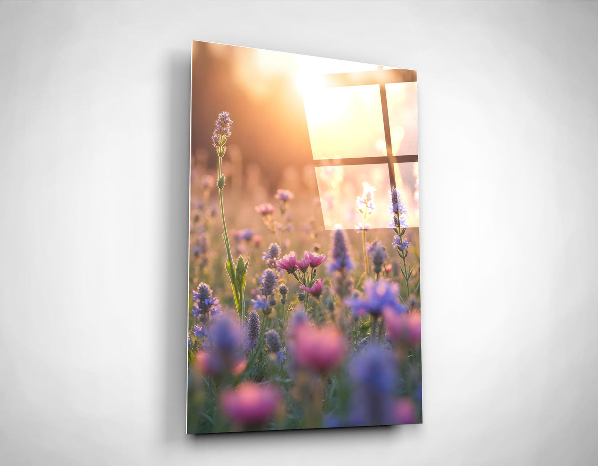 Wildflower Meadow at Sunset Glass Wall Art close-up