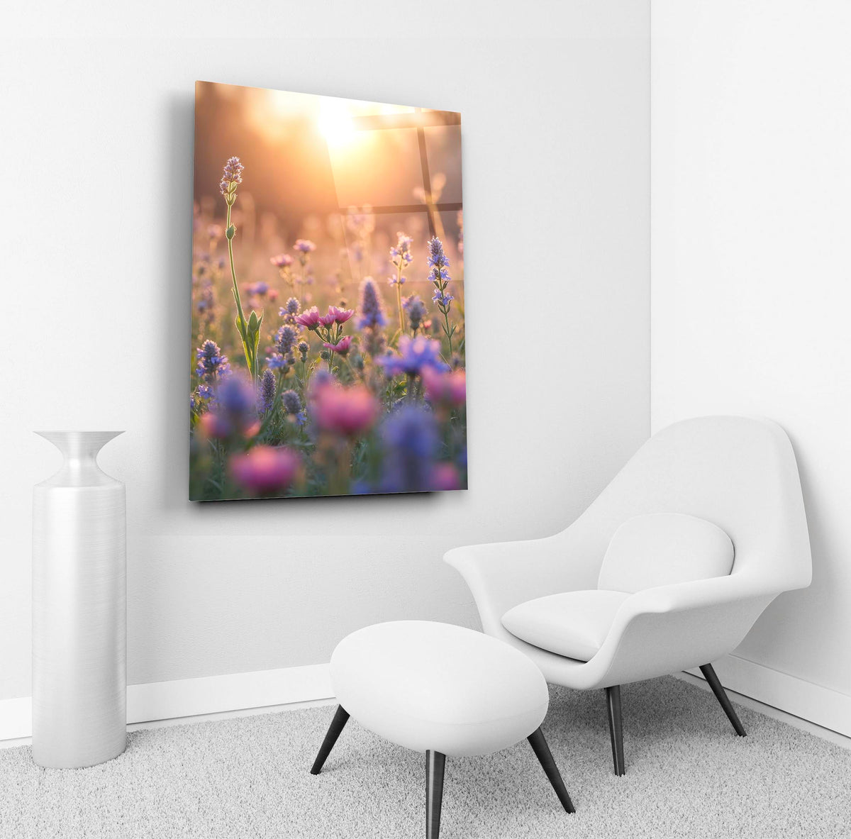 Wildflower Meadow at Sunset Glass Wall Art in a living room interior