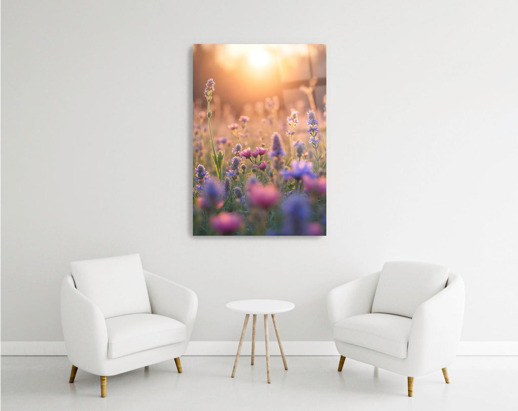 Wildflower Meadow at Sunset Glass Wall Art in a modern interior