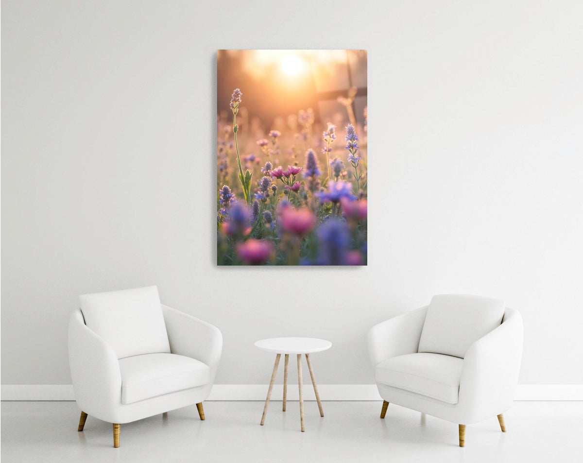 Wildflower Meadow at Sunset Glass Wall Art in a modern interior